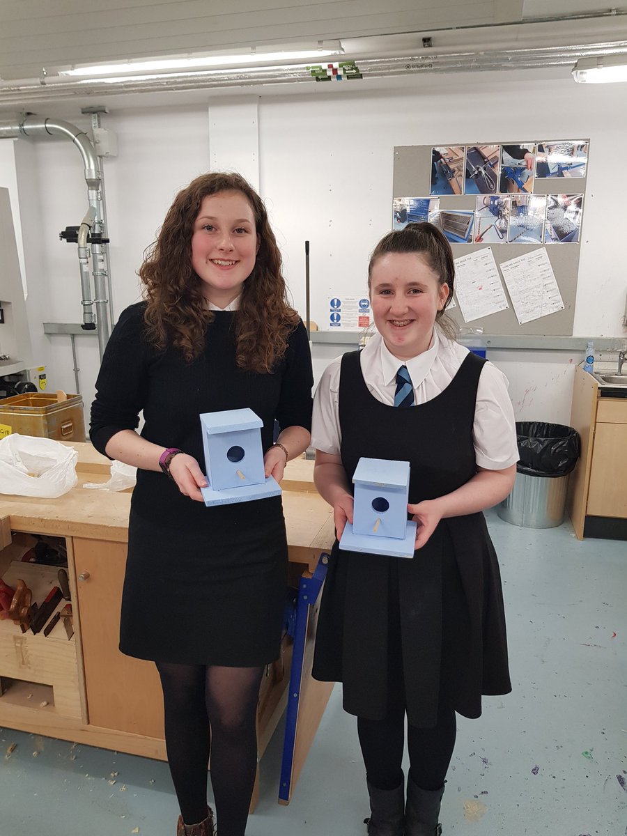 StColumbasTech's tweet photo. In at lunchtime on the last day of term to finish these off and get them home. Superb effort from these girls! Well done!! #birdhouse #s3 #practicalwoodworking #craft #skills #dedication https://t.co/XfT7iWw6gW