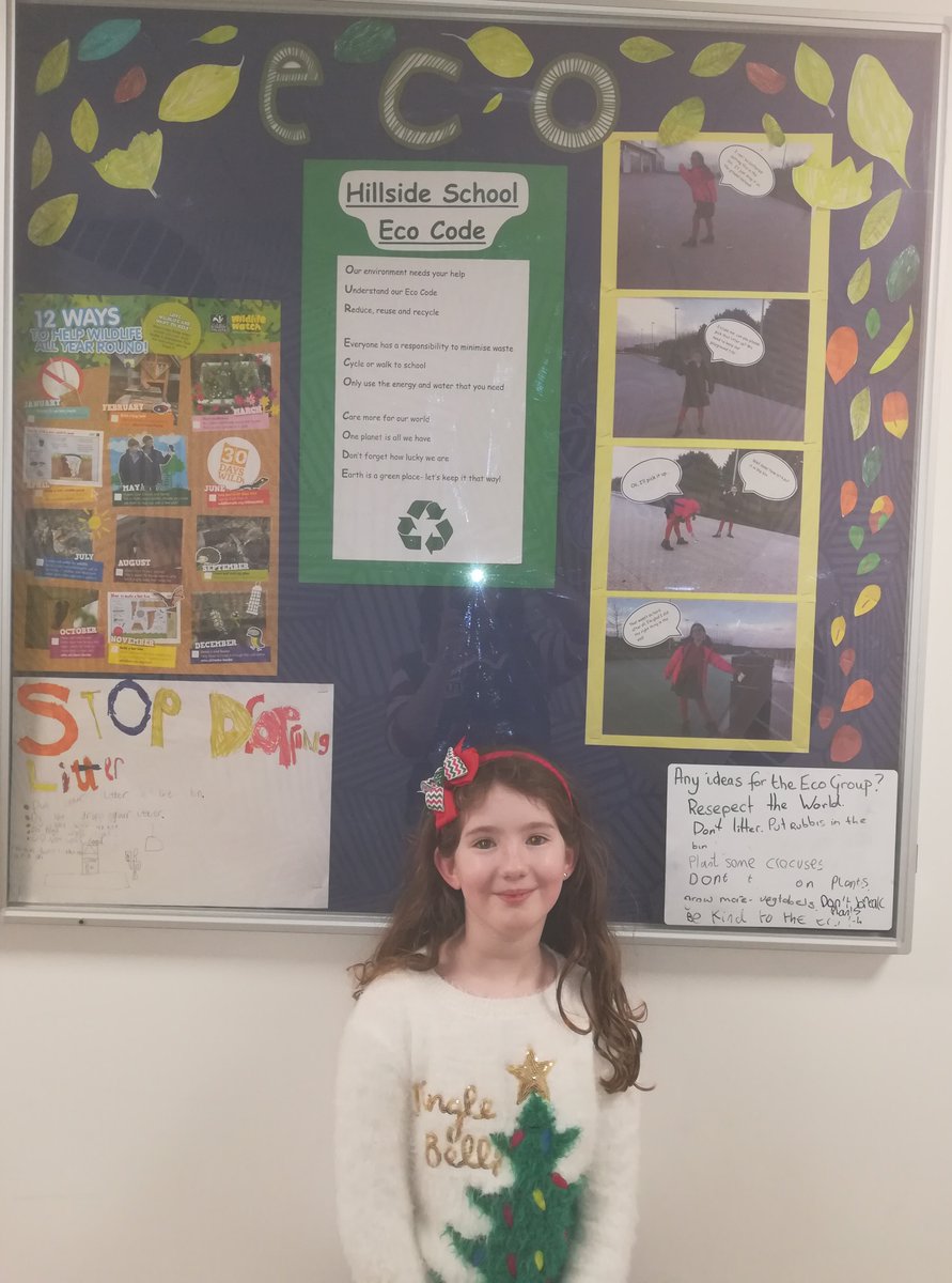 SchoolHillside1's tweet image. And another amazing display! Check out our new Eco board. Complete with an educational photo story about litter and a proud member of our Eco group!! @EcoSchoolsScot #ecoschool #pupilvoice #ecocode #greenflag