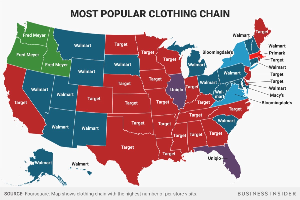 BusinessInsider's tweet image. Americans are passionate about where they shop. Here is the most popular shopping chain in each state: read.bi/2rV20vj