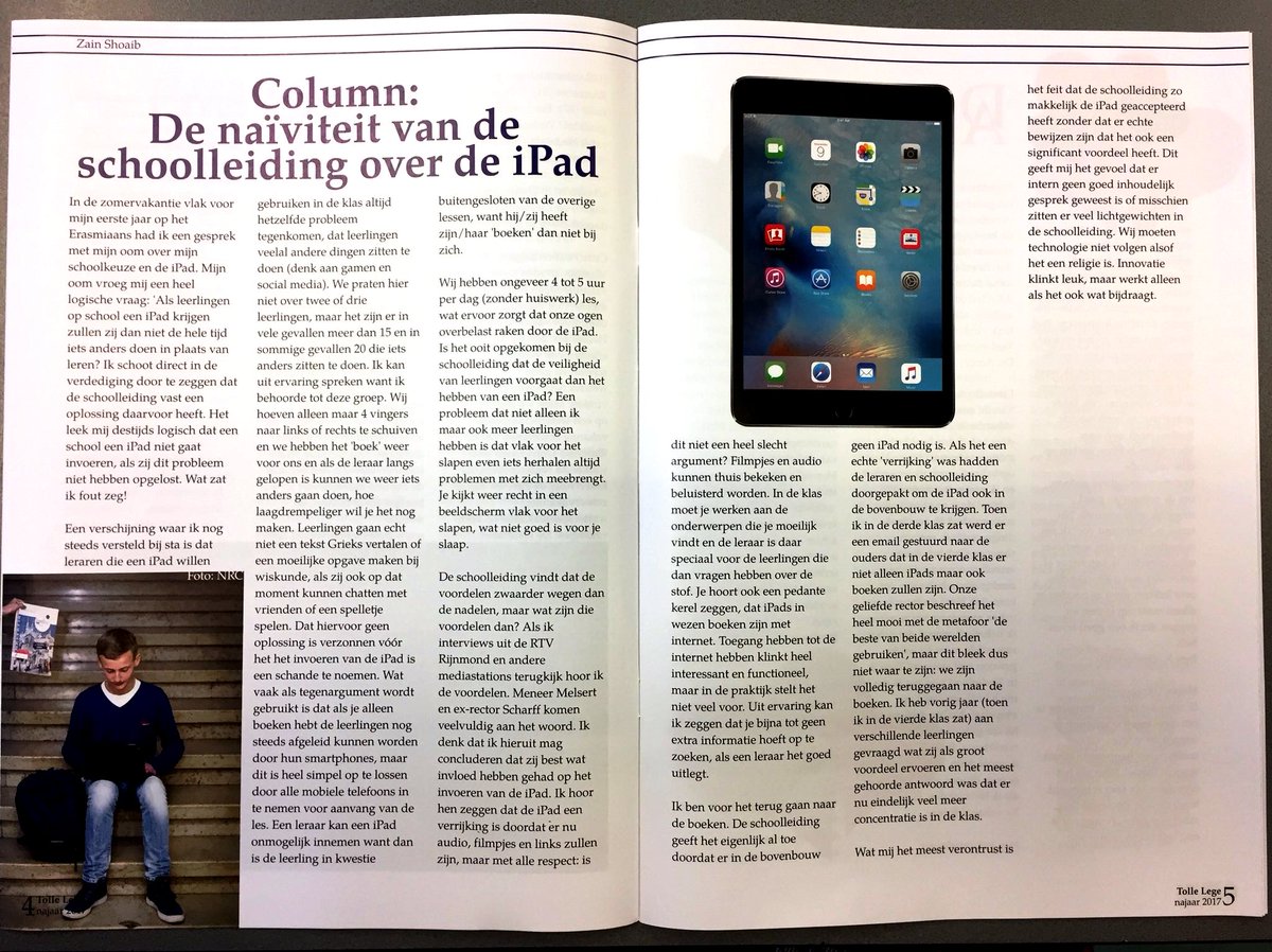 CasperHuls's tweet photo. Leerling schrijft stevige column in schoolblad Tolle Lege van het Erasmiaans: "De naïviteit van de schoolleiding over de iPad" (via @QEDme). https://t.co/mCNzJeI3Vw