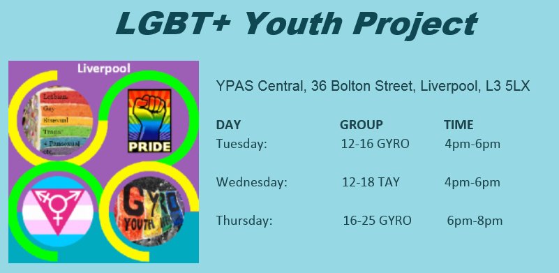 gyroliverpool's tweet photo. Hi all, our new group opening hours as of January 2018. Tuesday and Thursday are our LGBTQ+ groups and Wednesday is our Trans group (THE Action Youth). LGBTQ+ Services resume on Wed 03.01.18. https://t.co/fEmufvu3qe