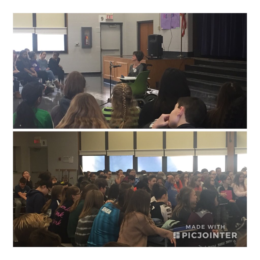 MentorMemorial's tweet photo. Kim Stenger provided a great message about perseverance to our 7th graders #onegradeonebook #ridgepride #onceacard @DeasHPE @MentorLevine https://t.co/w0TRzljCYv