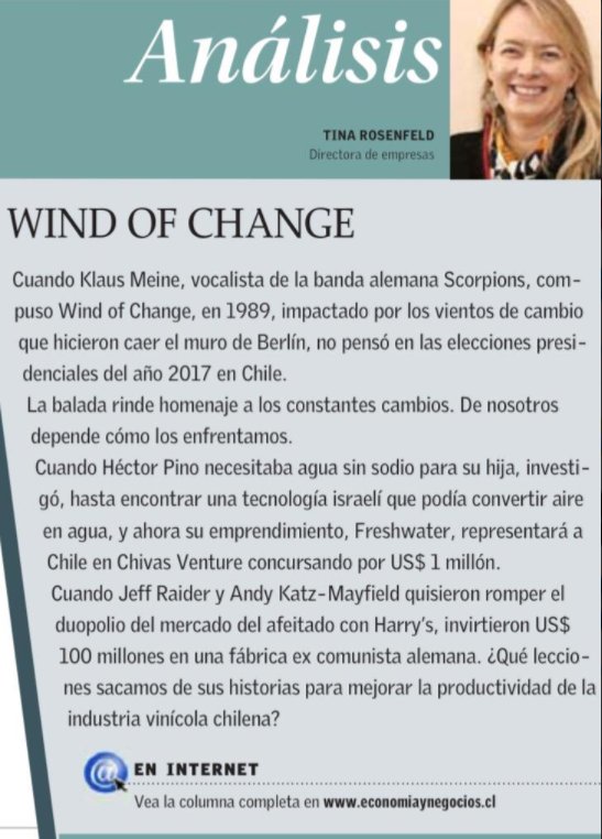 Revisa la columna de Tina Rosenfeld, mentora y directora de <a href="/cglobal_angels/">ChileGlobal Angels</a>, acerca del cambio como oportunidad para mejorar la productividad a través de innovación y tecnología, con menciones a <a href="/FreshWaterCL/">Fresh Water</a> e @instacrops_cl. Lee la nota en el link: economiaynegocios.cl/noticias/notic…
