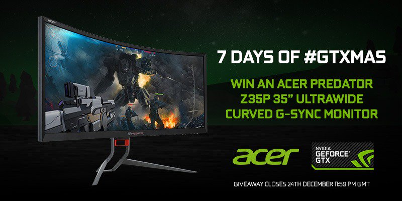#GTXmas Day 5!

Win this gorgeous Acer Predator Z35P 35" Ultrawide Curved G-Sync monitor!

To enter:
➡️Follow <a href="/AcerUK_Official/">Acer UK</a>
➡️Follow <a href="/NVIDIAGeForceUK/">NVIDIA GeForce UK</a>
➡️RT this tweet 💚