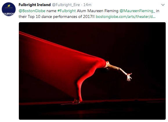 Fulbright_Eire's tweet image. This week&apos;s news highlights the fantastic &amp;amp; diverse work of #Fulbright Scholars from #Ireland / USA: David Collings @collingsdg a  #SciTech100 Gamechanger of 2018; @ruairimckiernan 1 of #Ireland&apos;s Top  10 #Changemakers; @MaureenFleming_ @BostonGlobe&apos;s Top 10 Dance Performances!