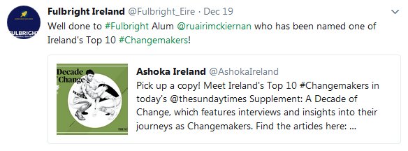 Fulbright_Eire's tweet image. This week&apos;s news highlights the fantastic &amp;amp; diverse work of #Fulbright Scholars from #Ireland / USA: David Collings @collingsdg a  #SciTech100 Gamechanger of 2018; @ruairimckiernan 1 of #Ireland&apos;s Top  10 #Changemakers; @MaureenFleming_ @BostonGlobe&apos;s Top 10 Dance Performances!