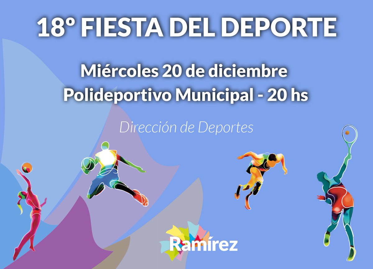 MuniRamirez1's tweet photo. Esta noche llega la 18º edición de la FIESTA DEL DEPORTE. Te esperamos en el Polideportivo Municipal a las 20 horas para compartir una noche junto a los deportistas destacados de nuestra ciudad.
#RamirezSeMueve https://t.co/TEpjqM4zdd