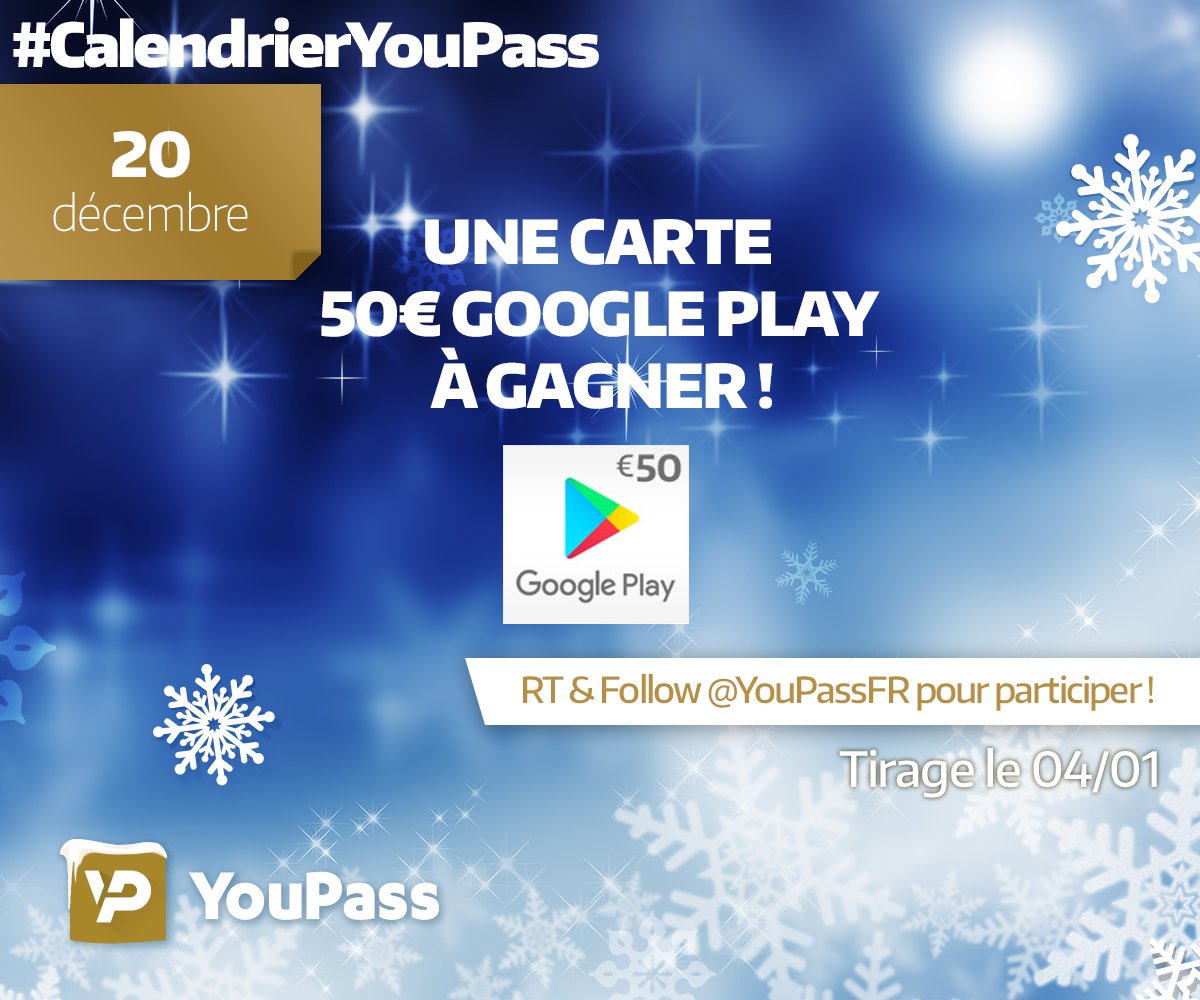 YouPassFR's tweet photo. #CalendrierYouPass 🎁

Une carte Google Play 50€  à gagner 😱

RT + Follow @YouPassFR pour participer au concours 

Tirage le 04/01 https://t.co/2CAl5Cx0zV