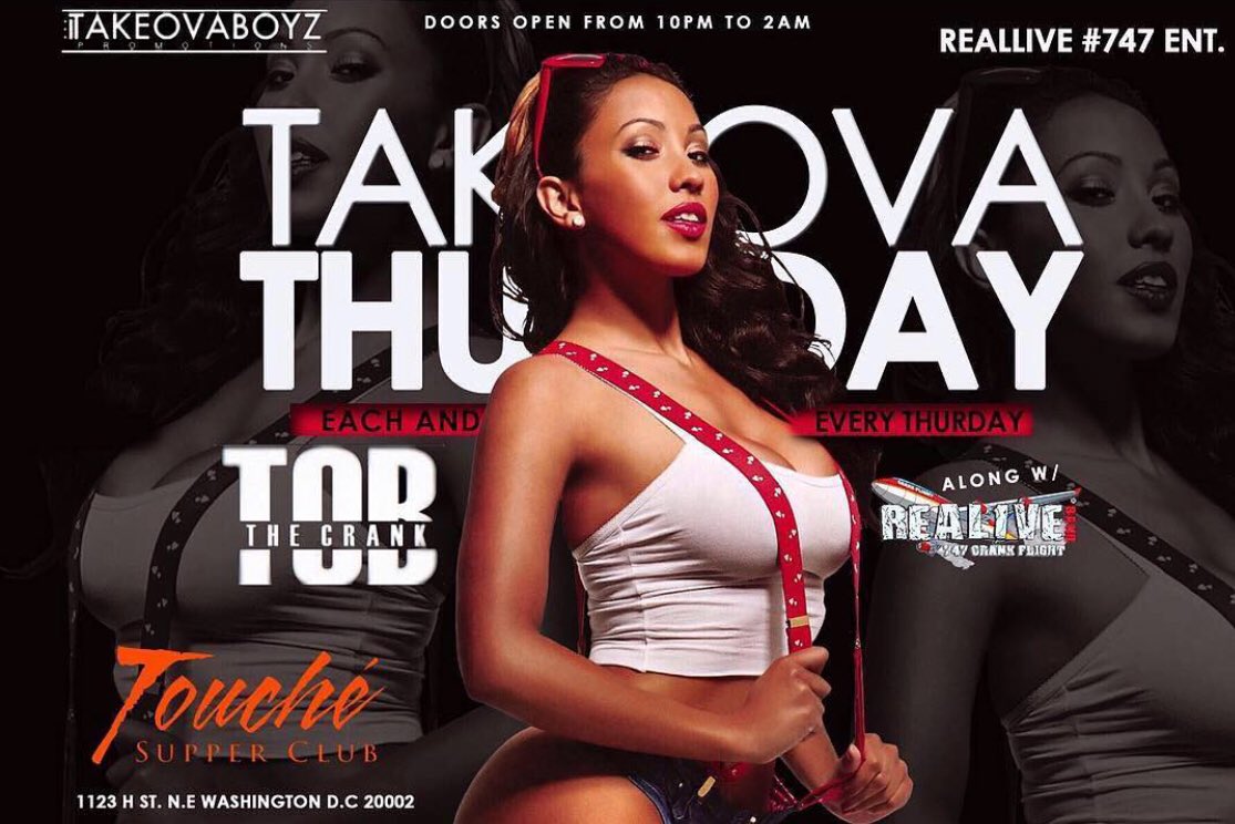 Touche_Club's tweet photo. TakeOva Thursday 
ft @TOBBANDANDSHOW &amp; REALIVE BAND
at @Touche_Club 10p-2a

EVERYONE FREE ALL NIGHT!
for bottle service &amp; tables: (202) 210-9015 https://t.co/sW0P2rPiBY