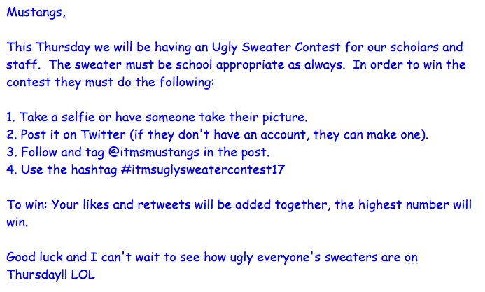 ITMSMUSTANGS's tweet photo. DON'T FORGET YOUR UGLY SWEATERS TMW!! See the directions below.
#itmspride https://t.co/vquIDgNyO7