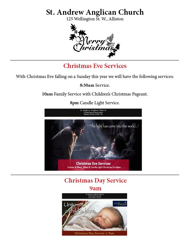 Come join us for Christmas at St. Andrew Anglican Church Alliston.