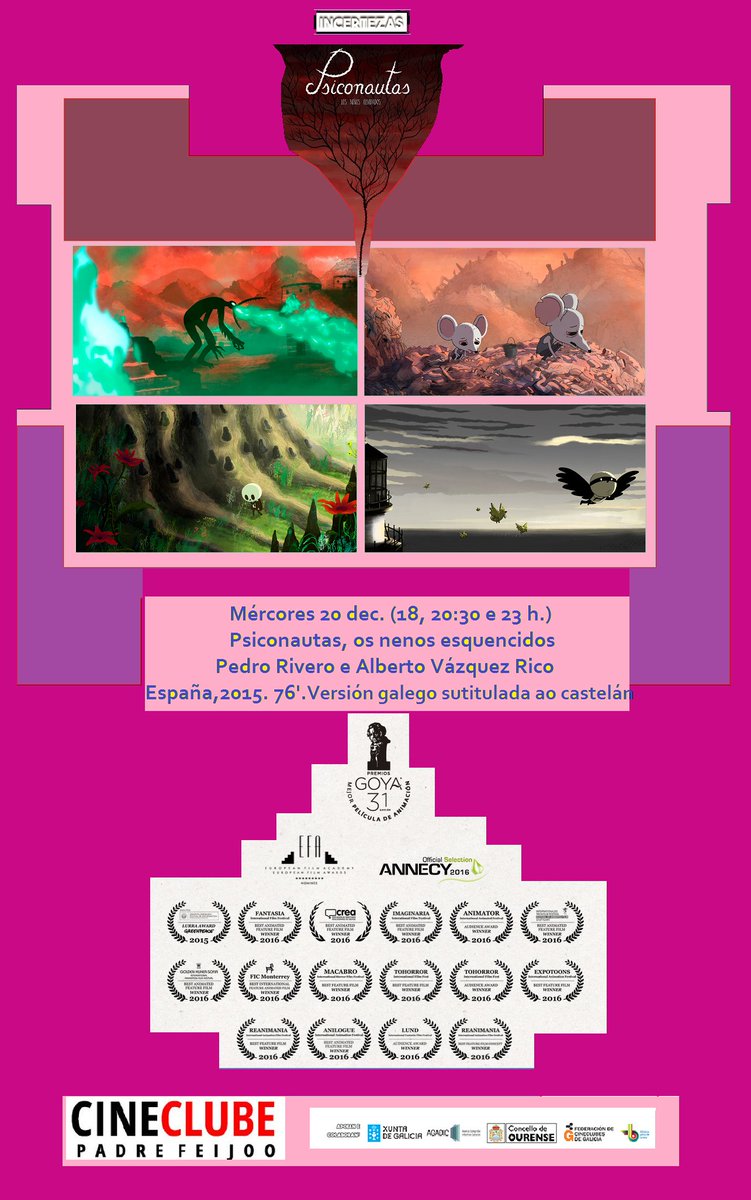 quevomitona's tweet photo. As #pantallas dos @cineclubesGal sempre impricadas na difusión d cinema feito no país q queda fora do circuito comercial. Nun anaco na @bibourense o @cineclubepf pasa PSICONAUTAS, q ten #Goya2016 e vai camiño d #Oscar2018 ás 18/2030/23 en versión galega! @ZigZagDiario @Astiberri https://t.co/jkWn36KFKv