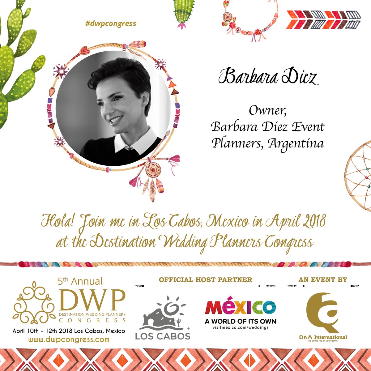 barbaradiez's tweet photo. Del 10 al 12 de abril de 2018 participaré del 5° Congreso Anual de Destination Wedding Planners en Los Cabos, México. Para más información los invito a ingresar a @dwp_congress. #DWPCongress #DWPLosCabos #OneWorldOnePlatform #DestinationWeddings https://t.co/tByj9qSpPM
