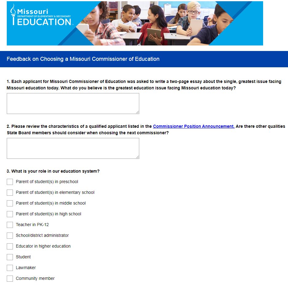 MOEducation's tweet image. We want your feedback on choosing the next @MoCommissioner! Click the link to start a 3-question survey. Thank you for your participation! surveymonkey.com/r/DESECommissi…