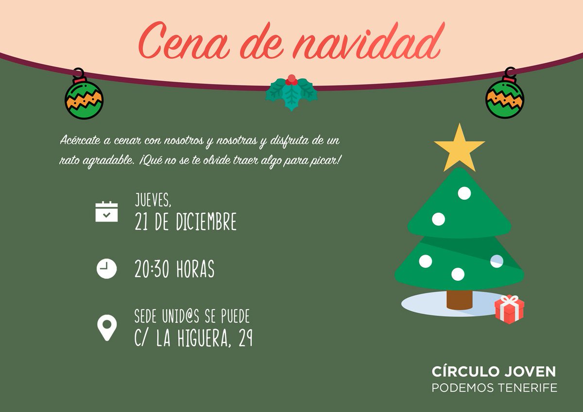 CirculoJovenTfe's tweet image. Nos vemos mañana para la cena de Navidad! 🎅
Si vienen, traigan algo de picoteo😊 💜