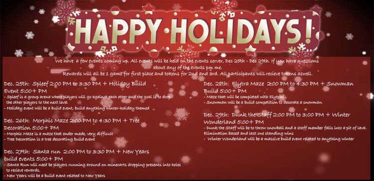 ShadowNodeMC's tweet image. We got a bunch of events coming up along with the 35% off sale! Events will be held December 25-29! Check out the photo for more info. If you have questions feel free to ask away!
~Slick