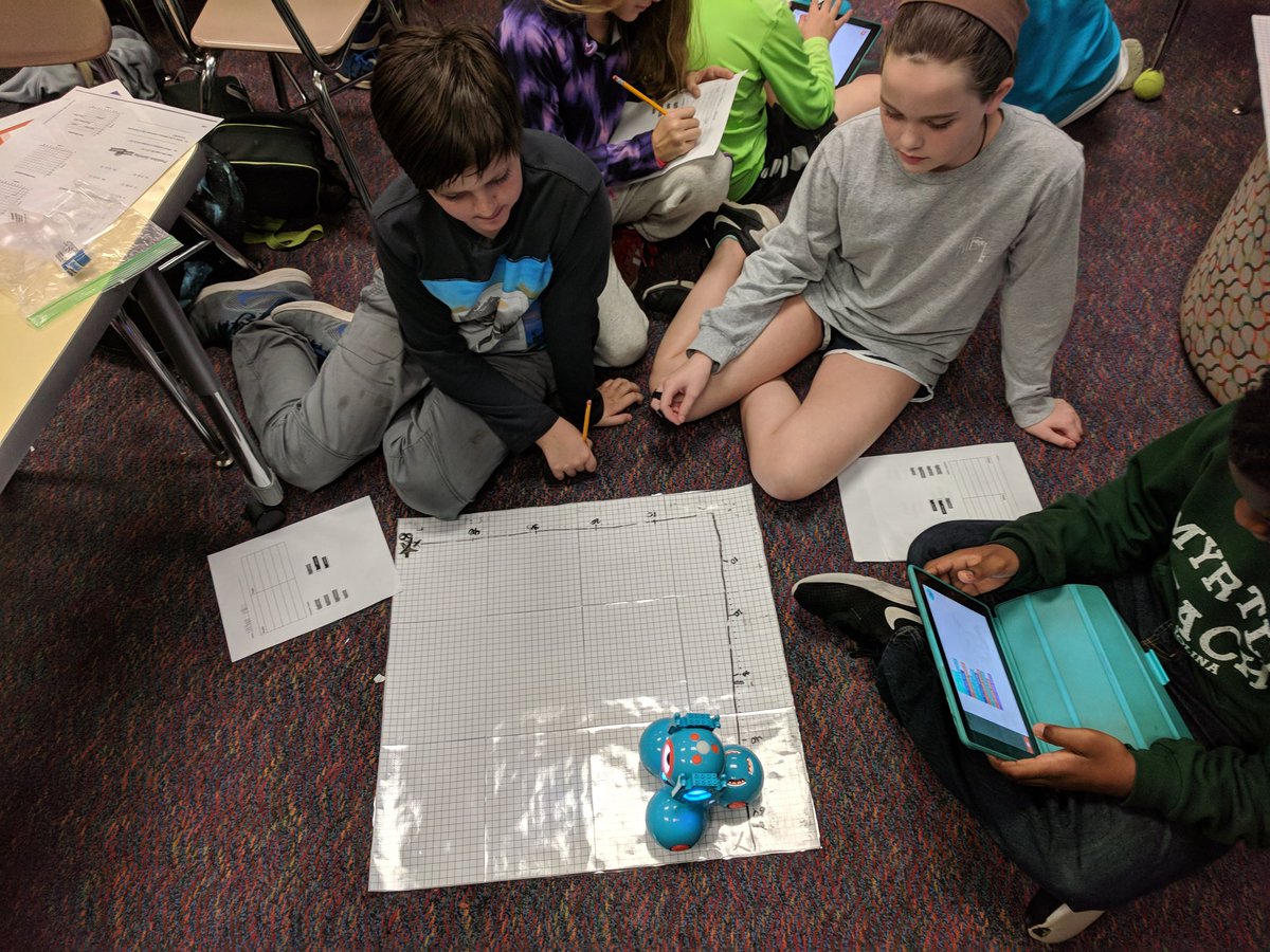 RootITF's tweet image. Fifth grade students at Root using Dash Robots to test their understanding of The Coordinate System (#math5.G.1) through Blockly programming to create coordinate courses and challenging other students to guess their course paths (#math5.G.2) @stemrootelem @RootElem @STEM_WCPSS
