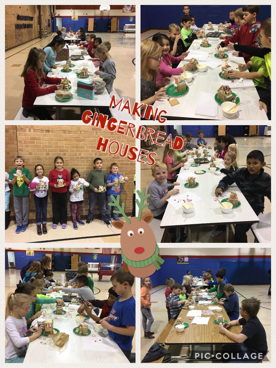 klindburg's tweet photo. The elementary got to make gingerbread houses this morning as a reward for being amazing readers!  Thank you parents for donating supplies!  The kids had so much fun!  #hpcstorm https://t.co/U5KNbwv5vQ