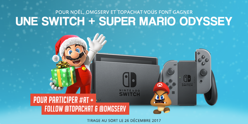 OMGSERV's tweet photo. #Concours de Noël ! 🎄

Une Nintendo #Switch +
Super Mario Odyssey à gagner !

Pour participer :
- #RT ce tweet
- Follow @TopAchat 
- Follow @OMGSERV https://t.co/Dgd7kcElSw