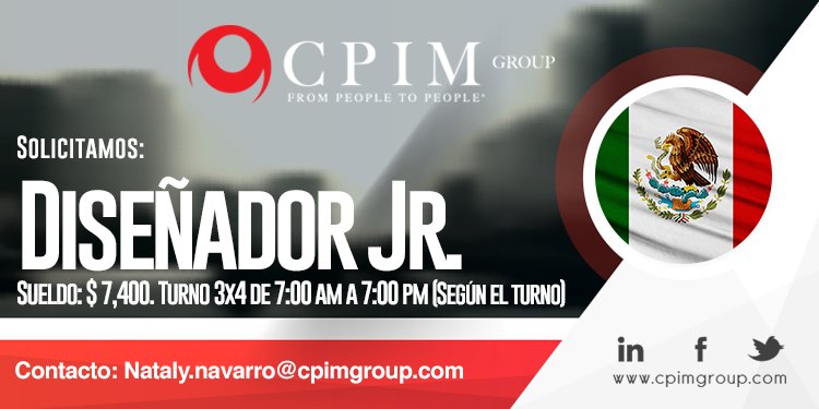 CPIMGROUP's tweet photo. #CPIMGroupMéxico solicita: Diseñador Jr. 
Consulta los detalles de nuestra vacante en: https://t.co/ZaZoxUwoiy 
Envía tu CV a: Nataly.navarro@cpimgroup.com https://t.co/cpe9Wpfksg