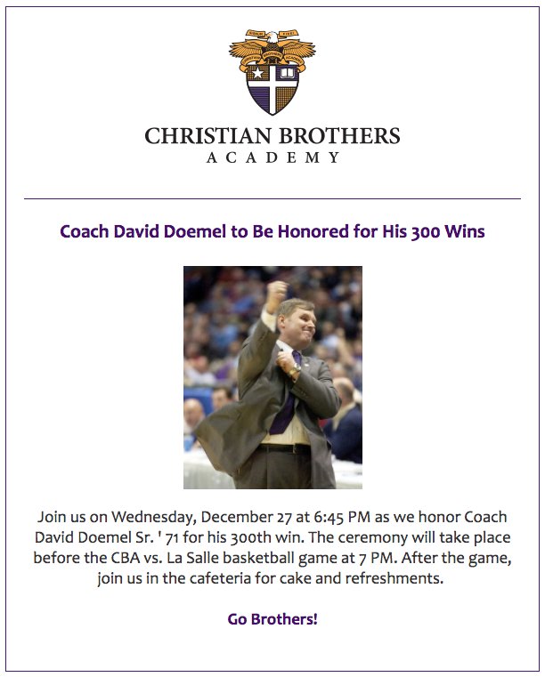 cbaalbany's tweet photo. Join us on Wednesday, December 27 at 6:45 PM as we honor Coach Dave Doemel Sr. '71 for his 300th win! https://t.co/vftMN0TjCF