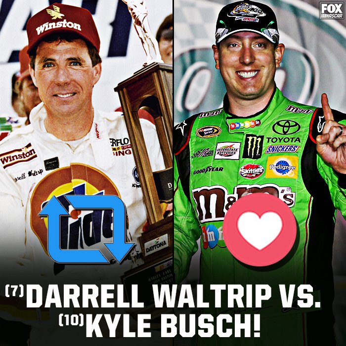 NASCARONFOX's tweet image. It's time for the second #NASCARGOAT matchup. DW vs. ROWDY! Who should advance to Round 2?

Retweet to vote for Darrell Waltrip.

Like to vote for Kyle Busch.