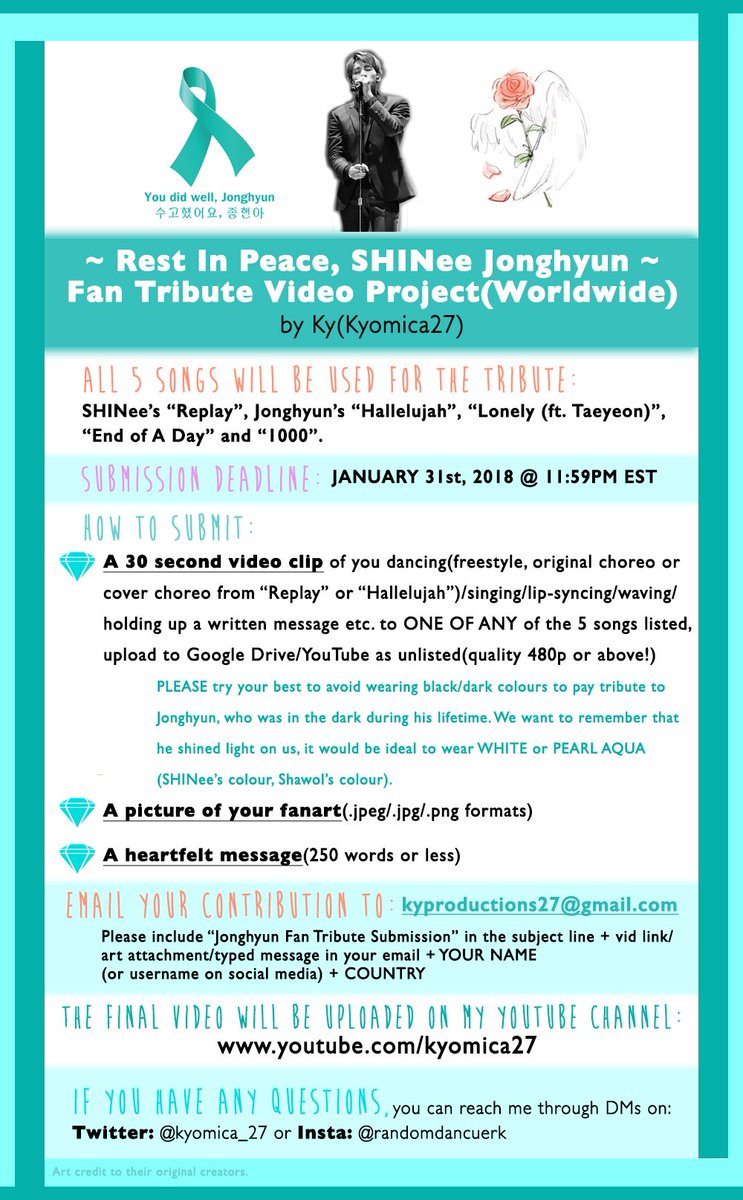 oneofaKynd27's tweet photo. 💎PLS RT &amp; SPREAD💎 
Hi everyone, I'd like to create a fan video project for our dearest Jonghyun. Everyone is welcomed to join! 
I hope you guys will participate and pls stay strong🙏 #YouDidWellJonghyun #RIPJonghyun #RosesForJonghyun https://t.co/I2ZqJhZaaB