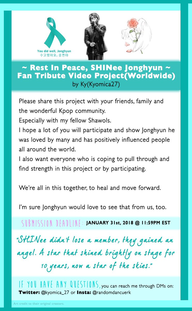 oneofaKynd27's tweet photo. 💎PLS RT &amp; SPREAD💎 
Hi everyone, I'd like to create a fan video project for our dearest Jonghyun. Everyone is welcomed to join! 
I hope you guys will participate and pls stay strong🙏 #YouDidWellJonghyun #RIPJonghyun #RosesForJonghyun https://t.co/I2ZqJhZaaB