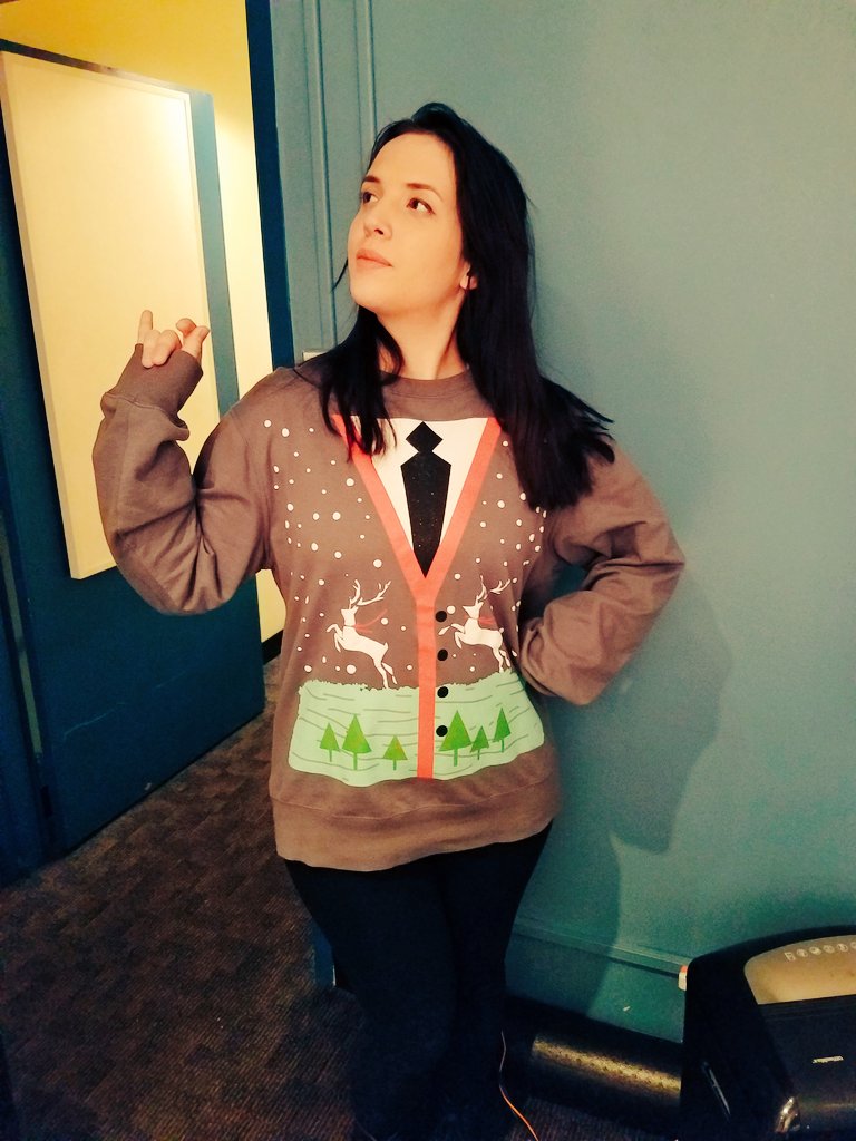 Lisalisejam's tweet photo. Reigning co-champ @Katelove reels in another, @pokemon #sweaterwars victory. But @AlysonRosenfeld rolls in with a smart foxy non denom fireside festivus contribution.. #YAS @Jackydan513 ??? what u got??? https://t.co/QqXXYHsC6y