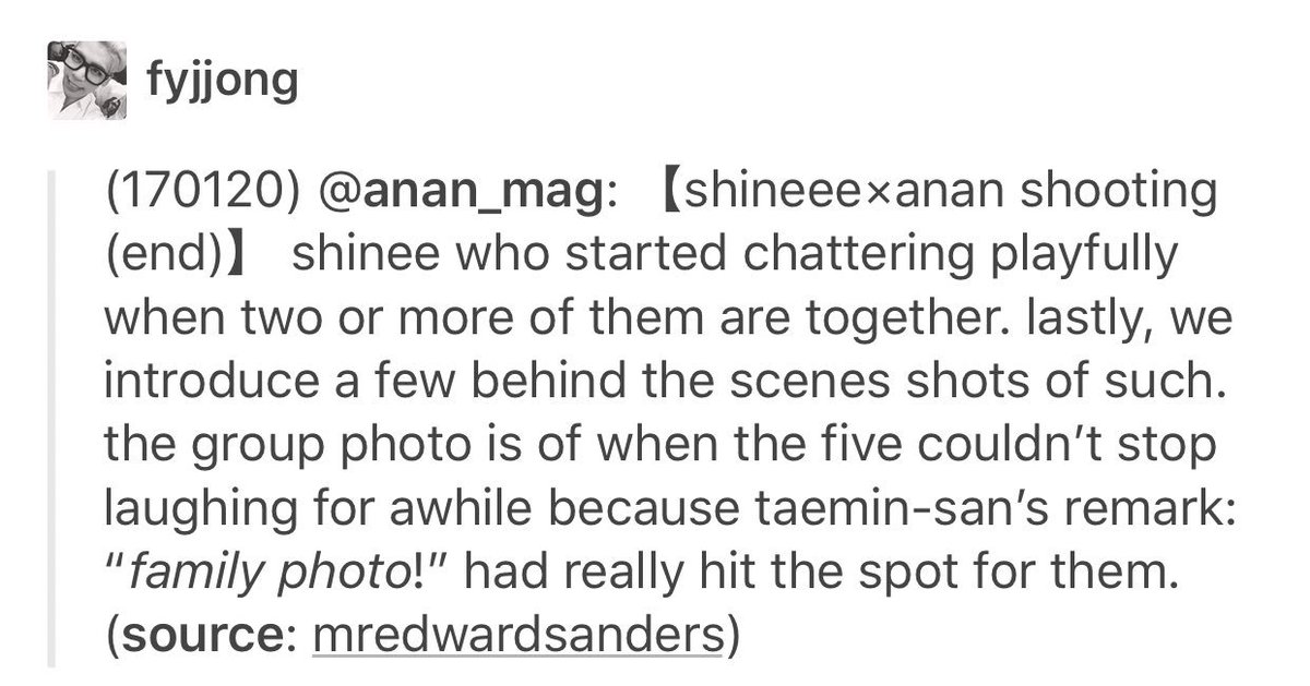3leetaemin's tweet image. A cute anecdote behind these photos was revealed by anan magazine. Taemin said they were taking a family photo and all five burst into giggles.
