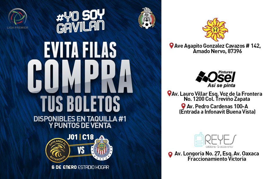 gavilanesfcmat's tweet photo. PUNTOS DE VENTA
Adquiere tus boletos para nuestro próximo encuentro contra Chivas Premier, vamos de locales a obtener la primer victoria del Clausura 2018, te esperamos este próximo sábado 6 de Enero a las 3PM.

¡Vamos gavilanes! #YoSoyGavilan #SoyParteDeEstaGranHistoria https://t.co/YftEKd97NA
