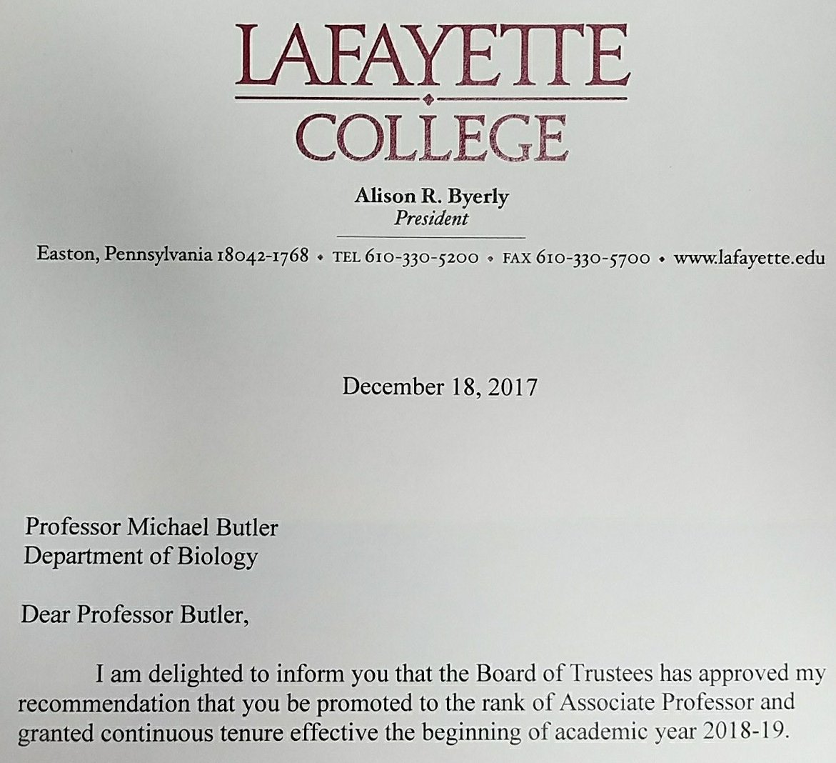 MWButler2's tweet image. Today falls into the category of "a good day."
And because tone doesn't always translate from text alone, I'm explicitly ecstatic (!!!!!) about being a tenured member of the @LafCol faculty. 😃