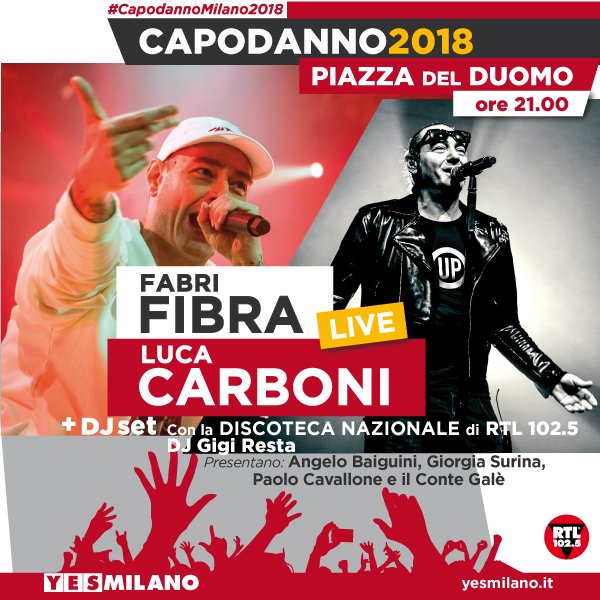 .<a href="/FabriFibra/">Fabri Fibra</a> e <a href="/lucacarboni/">luca carboni</a> saranno i protagonisti del #CapodannoMilano2018 in Piazza del Duomo
<a href="/ComuneMI/">Comune di Milano</a> <a href="/rtl1025/">RTL 102.5</a>