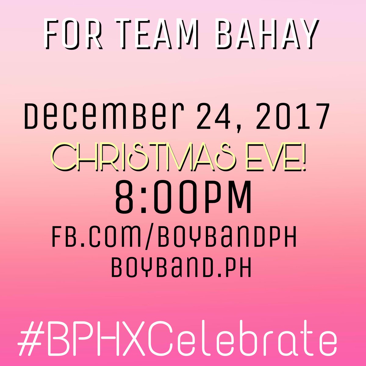 BoybandPH's tweet photo. The celebration continues! 😉 Samahan ng Masayang Pasko entries, please check out our re-scheduled celebration! 🤗 See you there, Super Fans and Bandmates! 💖 #BPHXCelebrate https://t.co/6Gyq0bw94y
