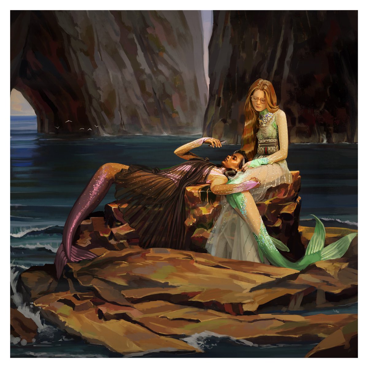 gucci's tweet photo. Mermaids on a rock wearing the ice skater inspired gowns from the #GucciSS18 collection by #AlessandroMichele. Created by #IgnasiMonreal, the artwork is part of the #GucciSS18 campaign #GucciHallucination. https://t.co/RDq8JJYX5i