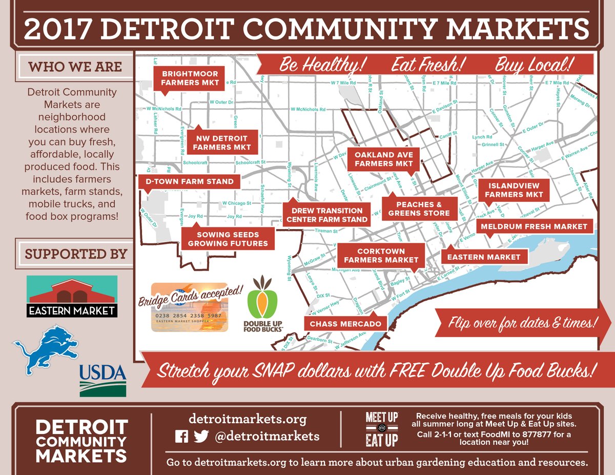 DetroitMarkets's tweet photo. Many of our locations accept SNAP benefits &amp; #DoubleUpFoodBucks + WIC Project FRESH &amp; Senior Market FRESH coupons! Use yours at a DCM event in your neighborhood... https://t.co/pLmxEJwNqC