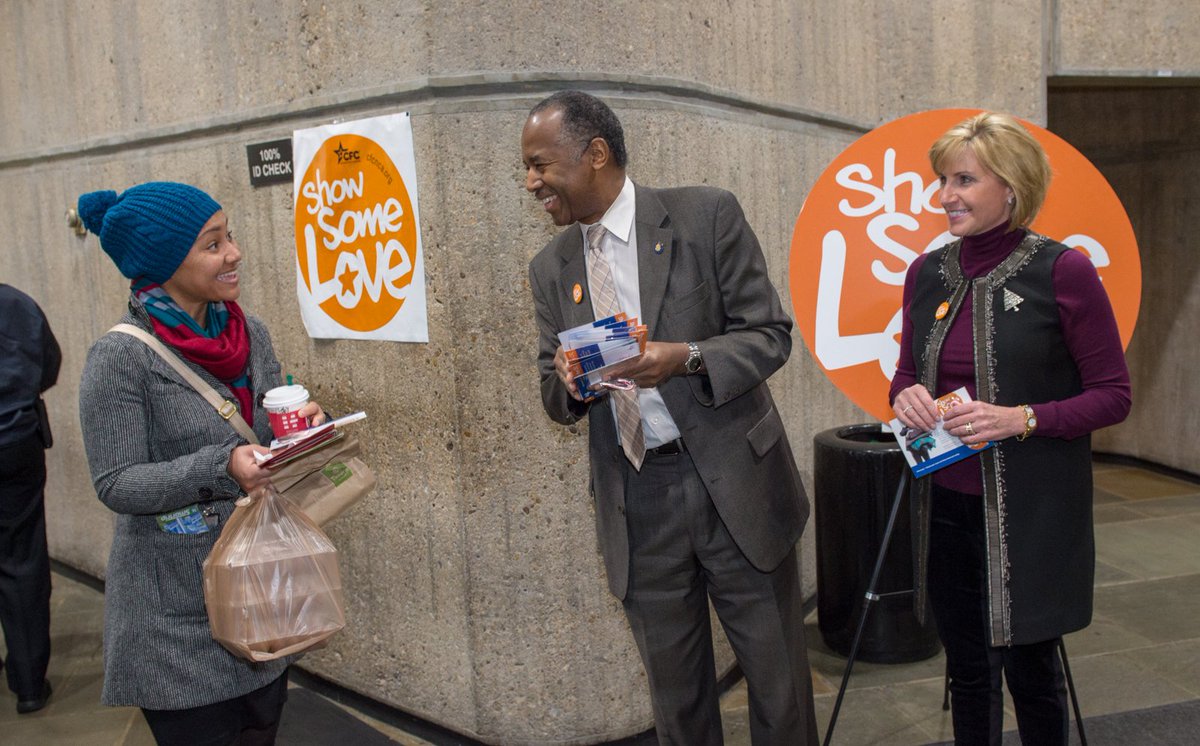 SecretaryCarson's tweet photo. .@HUDDepSec and I spent the morning spreading holiday cheer to @HUDgov employees by handing out candy canes and encouraging people to  #ShowSomeLoveCFC! What’s your cause? Donate today! https://t.co/Xdpkr50r6E https://t.co/9yGfzzC4wX