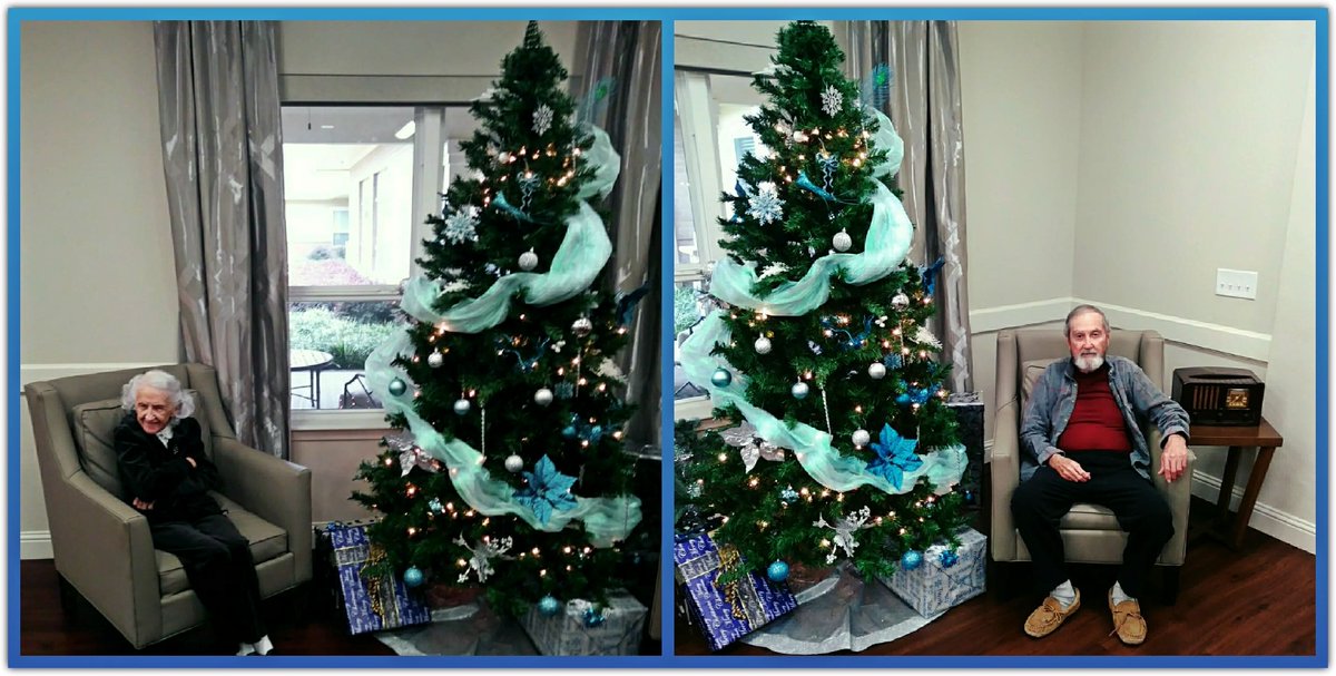 HeartisCleburne's tweet photo. "Oh Christmas Tree, Oh Christmas Tree!" That's what our residents are singing while sitting by the Christmas tree. As you see, Catherine and Jerry are enjoying every minute! #FrontierCulture. https://t.co/yedlyHuJ5w
