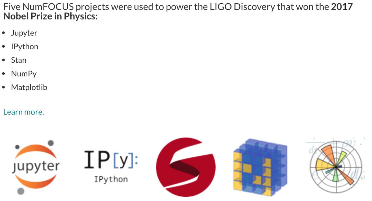 NumFOCUS's tweet image. What did the #NumFOCUS community achieve in 2017? Well, you helped power a Nobel Prize-winning discovery!
Read more on our blog: numfocus.org/blog/numfocus-…
@mcmc_stan @ProjectJupyter @IPythonDev @matplotlib #numpy