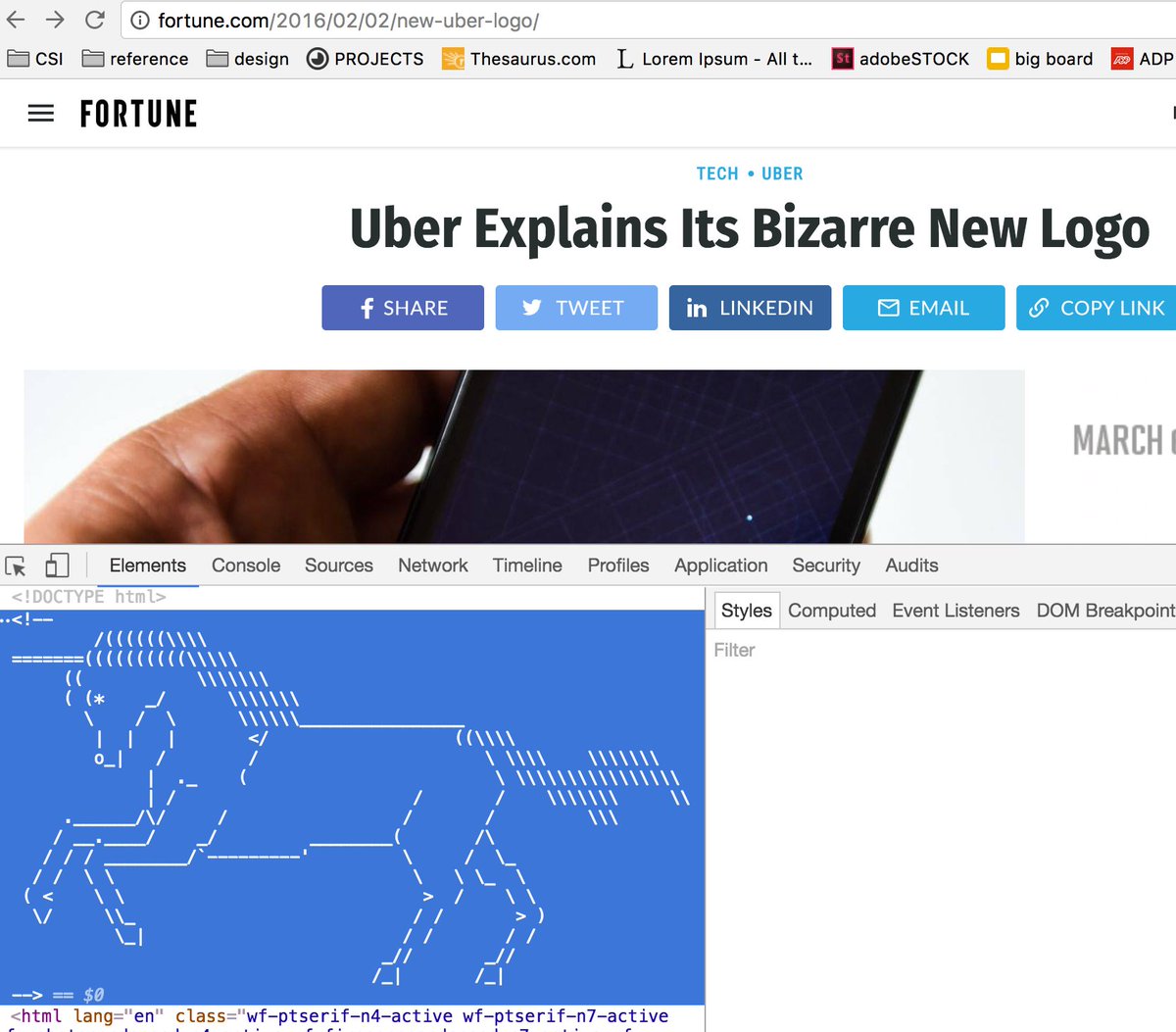 avayous's tweet photo. Accidentally stumbled upon a hidden #ASCII #unicorn when I clicked on a 2016 https://t.co/uwMtJTSVse post about Uber's branding with my inspector open LOL https://t.co/uqdBnCFW4n