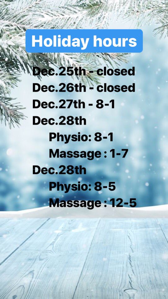 Maximumphysio's tweet image. The busy holiday season is upon us. We have modified hours for next week! #HappyHolidays
