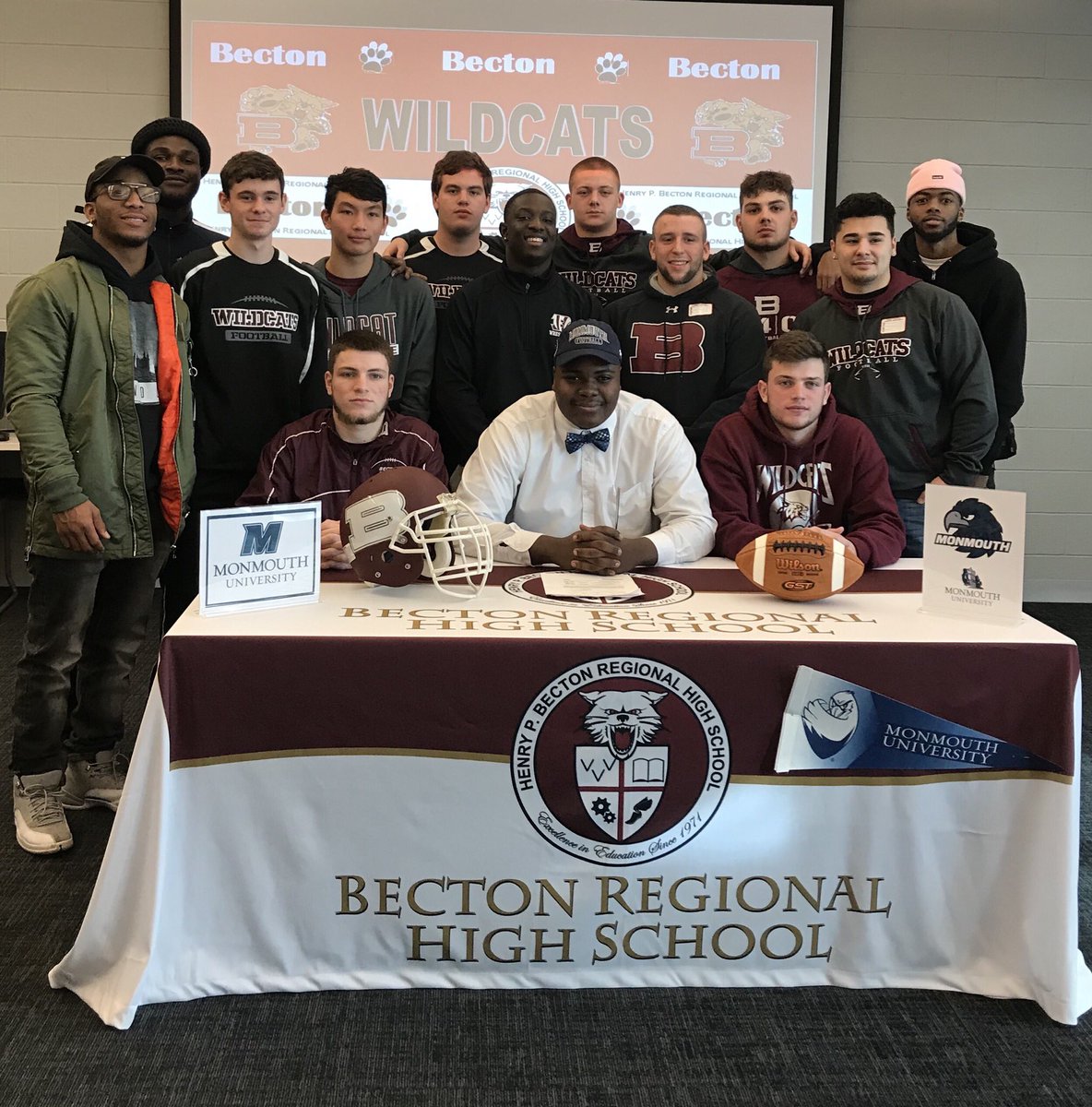 BectonAthletics's tweet photo. Congratulations to @BectonFootball Greg Anderson for signing with Monmouth University @MUHawksFB ! 🏈🐾 @BectonHS @VarsityAces @NJICathletics #bectonwildcats #bectonatheltics #wildcatpride #MUHawksFB https://t.co/e5lMg11pLp