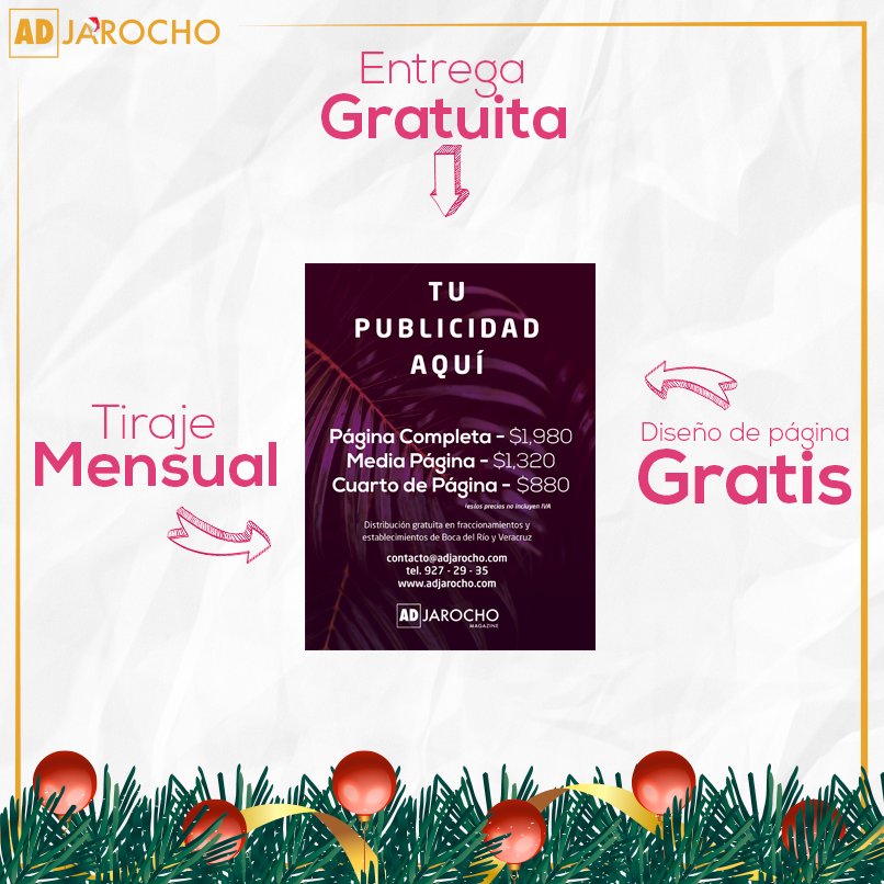 adjarocho's tweet photo. ¿Ya conoces los beneficios de ADJarocho Magazine? ¿Pruebala ya! Contacto@adjarocho.com

#ADJarocho #Magazine #Publicidad #Marketing #Beneficios #Free #Tiraje #Entrega #Veracruz #Segmento #FelizMiercoles #YoConMiAguinaldo #ElSaborDeLaNavidad https://t.co/z9aWFhn5nM