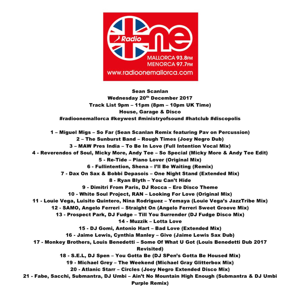 Track list from tonight's show on <a href="/radio1mallorca/">Radio One Mallorca</a> 93.8fm &amp; Menorca 97.7fm 🎶