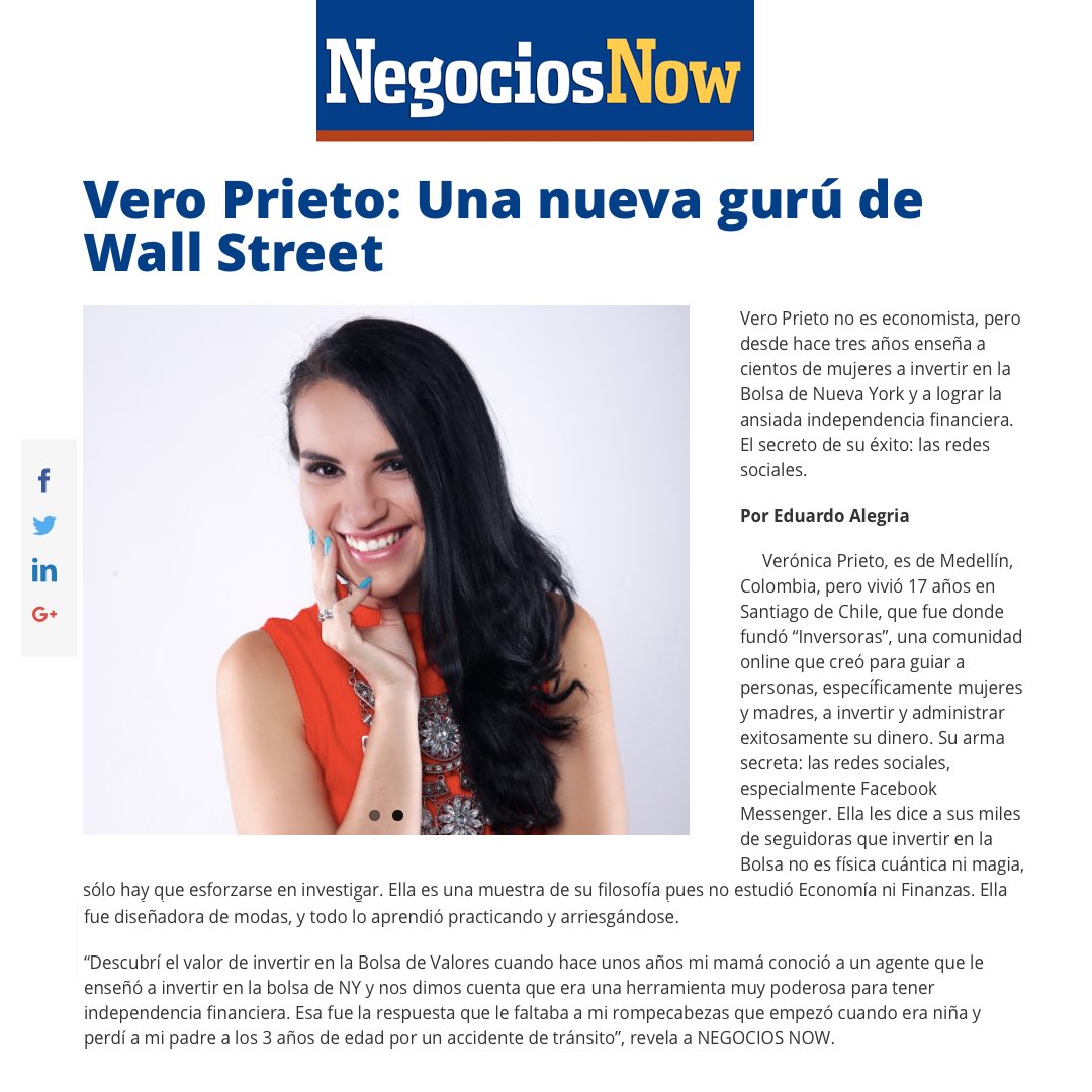 veroprieto's tweet photo. Muchas gracias @NEGOCIOSNOW de #Chicago por este artículo sobre mi hoy 💜 #inversiones #Dinero #Crecimiento #WallStreet https://t.co/NTUBkOAM0C