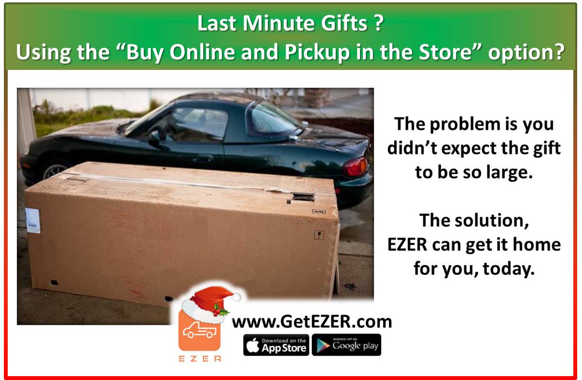 GetEZER's tweet photo. EZER can get those gifts home for you today.
 
#HomeDelivery #LocalDelivery #StoreDelivery #ChristmasShopping #OversizeGift #LargeGift #Retail #Shopping #MallDelivery #OnDemand #LargeItems #SmallCars #XMAS #Christmas #Retailers #SoCal #LAStartups #GetEZER https://t.co/lTfMcy2MC2
