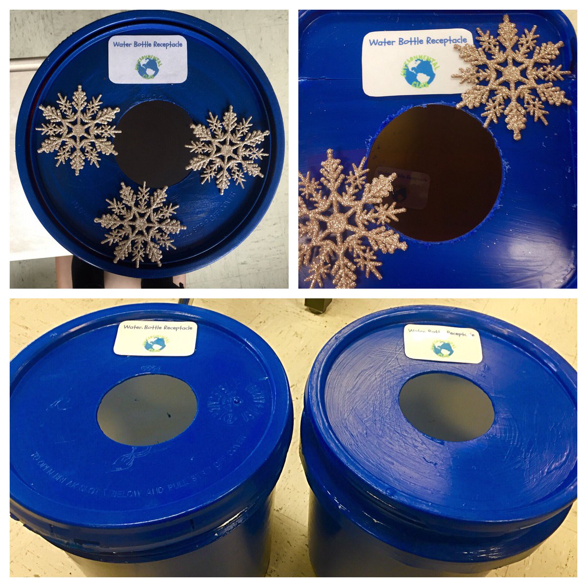 EMenvironmental's tweet photo. There is a homemade water bottle receptacle in each classroom. Students and Staff, please recycle your water bottles here! Happy holidays from the Environmental Club! ♻️💦🌎 @EastMorichesSD https://t.co/WznrjxTFQn