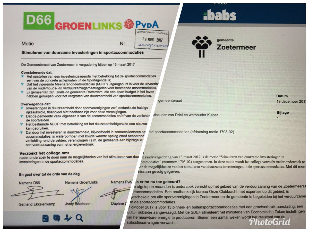 Mooi resultaat! Mijn motie, namens <a href="/D66zoetermeer/">D66 Zoetermeer</a>, mede ingediend door <a href="/JordyBoerboom/">Jordy Boerboom</a> en <a href="/lifeofdaphne/">Daphne Disco</a> leidt oa tot subsidie-aanvraag verduurzaming van 13 sportaccommodaties bij Ministerie van Economische Zaken.