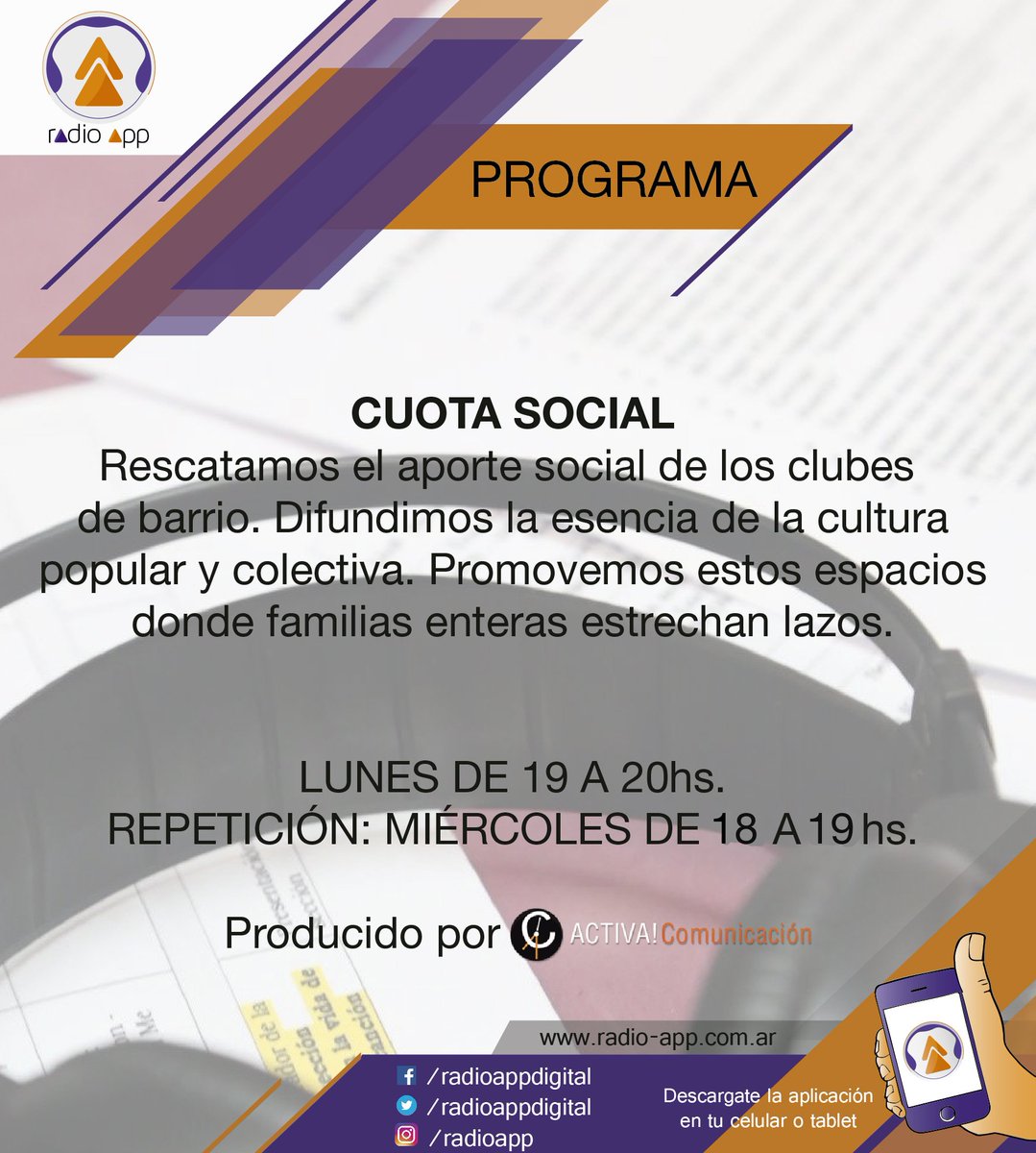 radioappdigital's tweet photo. AHORA| Escuchá la repetición de @cuotasocial. El programa sobre los #ClubesdeBarrio y la #CulturaPopular. Una producción de @ActivaComunic https://t.co/buInqlp9kD https://t.co/y1HZDP9cON