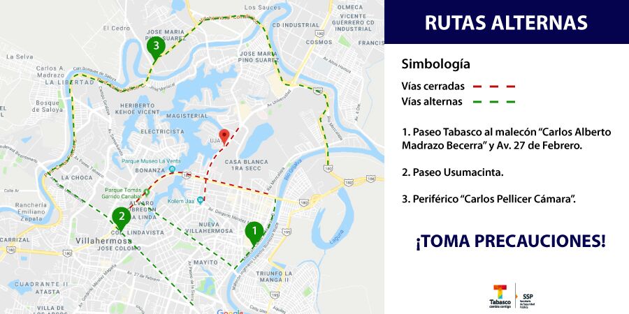 #ReporteVialTab Estas son las rutas alternas en Villahermosa: